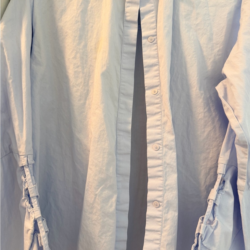 Light Blue Women’s Button-Up Shirt with Tie Up Sleeves